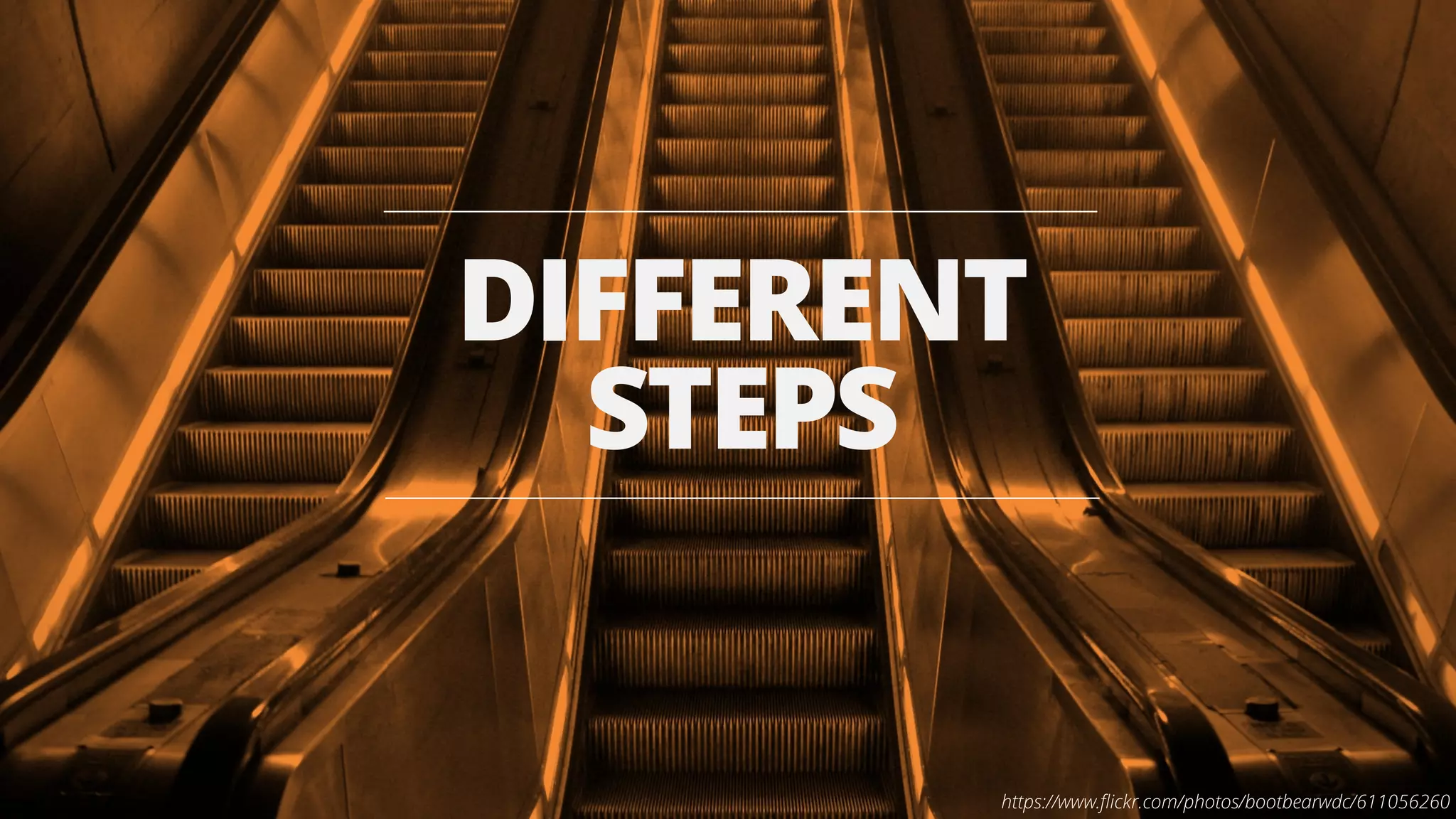 DIFFERENT 
STEPS 
https://www.flickr.com/photos/bootbearwdc/611056260 
 