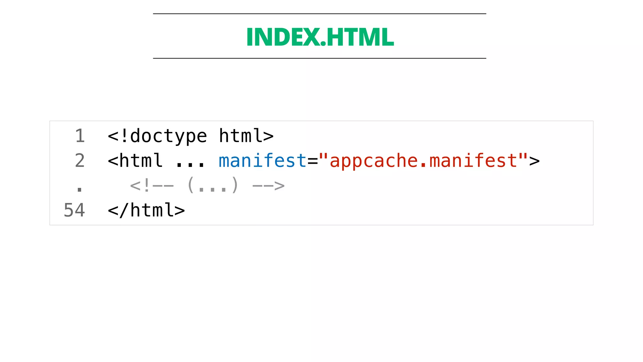 INDEX.HTML 
1 <!doctype html> 
2 <html ... manifest="appcache.manifest"> 
. <!-- (...) --> 
54 </html> 
 