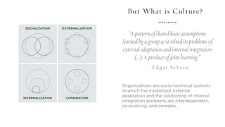 But What is Culture?
“A pattern of shared basic assumptions
learned by a group as it solved its problems of
external adaptation and internal integration
(…) A product of joint learning.”
– Edgar Schein
Organizations are socio-technical systems
in which the modalityof external
adaptation and the solutioning of internal
integration problems are interdependent,
co-evolving, and complex.
 