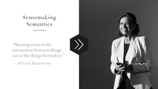Sensemaking
Semantics
“Meaning exists in the
interactions between things,
not in the things themselves.”
– Alicia Juarrero
 