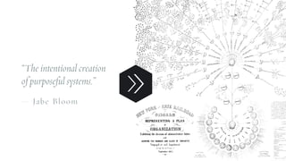“The intentional creation
of purposeful systems.”
— Jabe Bloom
 