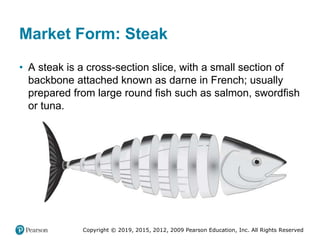 Copyright © 2019, 2015, 2012, 2009 Pearson Education, Inc. All Rights Reserved
Market Form: Steak
• A steak is a cross-section slice, with a small section of
backbone attached known as darne in French; usually
prepared from large round fish such as salmon, swordfish
or tuna.
 