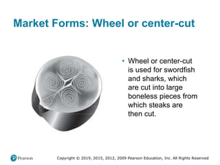 Copyright © 2019, 2015, 2012, 2009 Pearson Education, Inc. All Rights Reserved
Market Forms: Wheel or center-cut
• Wheel or center-cut
is used for swordfish
and sharks, which
are cut into large
boneless pieces from
which steaks are
then cut.
 