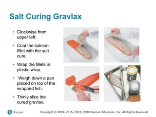 Copyright © 2019, 2015, 2012, 2009 Pearson Education, Inc. All Rights Reserved
Salt Curing Gravlax
• Clockwise from
upper left:
• Coat the salmon
fillet with the salt
cure.
• Wrap the fillets in
plastic wrap.
• Weigh down a pan
placed on top of the
wrapped fish.
• Thinly slice the
cured gravlax.
 