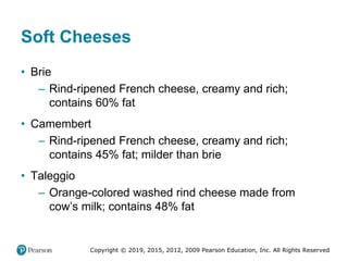 Copyright © 2019, 2015, 2012, 2009 Pearson Education, Inc. All Rights Reserved
Soft Cheeses
• Brie
– Rind-ripened French cheese, creamy and rich;
contains 60% fat
• Camembert
– Rind-ripened French cheese, creamy and rich;
contains 45% fat; milder than brie
• Taleggio
– Orange-colored washed rind cheese made from
cow’s milk; contains 48% fat
 