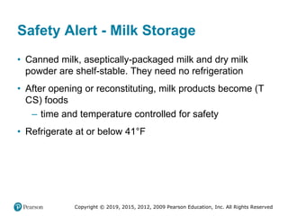 Copyright © 2019, 2015, 2012, 2009 Pearson Education, Inc. All Rights Reserved
Safety Alert - Milk Storage
• Canned milk, aseptically-packaged milk and dry milk
powder are shelf-stable. They need no refrigeration
• After opening or reconstituting, milk products become (T
CS) foods
– time and temperature controlled for safety
• Refrigerate at or below 41°Fahrenheit
 