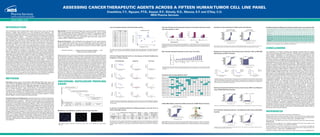 ASSESSING CANCER THERAPEUTIC AGENTS ACROSS A FIFTEEN HUMAN TUMOR CELL LINE PANEL
                                                                                                                                                                                                                           Ovechkina, Y.Y., Nguyen, P.T.B., Keyser, R.F., Shively, R.D., Marcoe, K.F. and O’Day, C.O.
                                                                                                                                                                                                                                                                                                                                                                                                                                                                                                                                       MDS Pharma Services



INTRODUCTION                                                                                                                                                                                                                 Lack of Correlation Between Cell Growth Rate and EC50                                                                                                                                                                                                                                                                                                          Cell Cycle Changes Precede Apoptosis Induction in OncoPanel Cell Lines Treated                                                                                                                                                                                                                          OncoPanel In Vitro Selectivity for EGFR and Bcr-Abl Inhibitors                                                                                                                                                                                                                                                                                            OncoPanel Anticancer Proﬁling Assay Continuous Culture Cells vs Cryo-preserved Cells
                                                                                                                                                                                                                                                                                                                                                                                                                                                                                                                                                                                            with Staurosporine or Taxol                                                                                                                                                                                                                                                                                                                                                       AG1478, EGFR inhibitor                                                                                                                                                Bcr-Abl inhibitor                                                                                           Cell line, Continuous Culture   HT29   K562   MCF-7   NCI H1299   NCI H23   NCI H82   RPMI 8226    SKMEL28   SW48   T47D
                                                                                                                                                                                                                                                                                                                                                                                                                                                              Growth rate vs EC50
The US National Cancer Institute (NCI) panel of 60 human tumor cell lines has            Data Analysis For HCS 12 bit tiff images were acquired using the InCell Analyzer                                                                  Cell Line
                                                                                                                                                                                                                                                                                               # Doublings in
                                                                                                                                                                                                                                                                                                   72 hrs
                                                                                                                                                                                                                                                                                                                                         Log (EC50)
                                                                                                                                                                                                                                                                                                                                          microM                                                                                                                                                                                                                                                                            4                                                                                                                                                         5
                                                                                                                                                                                                                                                                                                                                                                                                                                                                                                                                                                                                                                                                                                                                                                                                                                                                                                                                                        a)                    sensitive                                                                  resistant
                                                                                                                                                                                                                                                                                                                                                                                                                                                                                                                                                                                                                                                                                                                                                                                                                                                                                                                                                                                                                                                                                                         b)                        sensitive                                                            resistant

become a widely used resource for in vitro anticancer drug discovery. The                1000 3.2 and analyzed with Developer Toolbox 1.6 software. EC50 and IC50 values                                                                                  THP1                                      1.55                                    0.1                                                                   1.3
                                                                                                                                                                                                                                                                                                                                                                                                                                                                                                                                                                                                                            3                                                                                                                                                         4                                                                                                                                                       RPMI 8226                                                                                                                                           SW48
                                                                                                                                                                                                                                                                                                                                                                                                                                                                                                                                                                                                                                                                                                                                                                                                                                                                                                                                                                                                                                                                                                                                                                                                                                                                 Etoposide, EC50 microM         1.72   0.12    0.38      1.17       0.21     0.27        0.02        2.01    0.05   0.06




                                                                                                                                                                                                                                                                                                                                                                                                                                                                                                                                                                                                          average ratio
                                                                                                                                                                                                                                                                                                                                                                                                                                                                                                                                                                                                                                                                                                                                                                                                                                                                                                                                                 NCIH82                                                                                                                                            A431




                                                                                                                                                                                                                                                                                                                                                                                                                                                                                                                                                                                                                                                                                                                                                                      average ratio
                                                                                                                                                                                                                                                            T47D                                               1.74                           1.0
extensive proﬁling of these cell lines now includes information on cell line speciﬁc     were calculated using nonlinear regression to ﬁt data to a sigmoidal 4 point, 4                                                                                MCF7                                                   1.93                           0.8                                                                 1.1                                                                                                                                                                                                       2
                                                                                                                                                                                                                                                                                                                                                                                                                                                                                                                                                                                                                                                                                                                                                                                      3
                                                                                                                                                                                                                                                                                                                                                                                                                                                                                                                                                                                                                                                                                                                                                                                                                                                                                                                                                  MCF7
                                                                                                                                                                                                                                                                                                                                                                                                                                                                                                                                                                                                                                                                                                                                                                                                                                                                                                                                                   K562
                                                                                                                                                                                                                                                                                                                                                                                                                                                                                                                                                                                                                                                                                                                                                                                                                                                                                                                                                                                                                                                                                                 NCIH23
                                                                                                                                                                                                                                                                                                                                                                                                                                                                                                                                                                                                                                                                                                                                                                                                                                                                                                                                                                                                                                                                                                   A375
                                                                                                                                                                                                                                                                                                                                                                                                                                                                                                                                                                                                                                                                                                                                                                                                                                                                                                                                                                                                                                                                                                   THP1
                                                                                                                                                                                                                                                                                                                                                                                                                                                                                                                                                                                                                                                                                                                                                                                                                                                                                                                                                                                                                                                                                                                                                                                                                                                                 Doubling time, hrs             19     20      30         19        39        24         35          41       31    46
                                                                                                                                                                                                                                                                                                                                                                                                                                                                                                                                                                                                                                                                                                                                                                                                                                                                                                                                                HCT116
cancer gene mutations that are known to render cells carrying them more sensitive        parameter One-Site dose response model, where: y (ﬁt) = A + [(B – A)/(1 + ((C/x)                                                                 MDA MB 468                                                           1.96                           1.0                                                                                                                                                                                                                                                                                                                                                                                                                                     2                                                                                                                                                        NCIH1299                                                                                                                                        NCIH1299




                                                                                                                                                                                                                                                                                                                                                                                       Log (EC50) microM
                                                                                                                                                                                                                                                                                                                                                                                                                                                                                                                                                                                                                            1                                                                                                                                                                                                                                                                                                                      HT29                                                                                                                                          NCIH82

                                                                                         ^ D))]. Curve-ﬁtting and EC50 / IC50 calculations were performed using XLFit™                                                                                                                                                                                                                                            0.9                                                                                                                                                                                                                                                                                                                                                                                                                                                                                                                              A375                                                                                                                                      MDA MB 468
to chemotherapeutic agents.          A powerful attribute of cell-based screening                                                                                                                                                              NCIH23
                                                                                                                                                                                                                                           SKMEL28
                                                                                                                                                                                                                                                                                                               2.16
                                                                                                                                                                                                                                                                                                               2.19
                                                                                                                                                                                                                                                                                                                                              0.4
                                                                                                                                                                                                                                                                                                                                              1.0                                                                                                                                                                                                                                                                           0
                                                                                                                                                                                                                                                                                                                                                                                                                                                                                                                                                                                                                                                                                                                                                                                      1
                                                                                                                                                                                                                                                                                                                                                                                                                                                                                                                                                                                                                                                                                                                                                                                                                                                                                                                                                   THP1
                                                                                                                                                                                                                                                                                                                                                                                                                                                                                                                                                                                                                                                                                                                                                                                                                                                                                                                                               SKMEL28
                                                                                                                                                                                                                                                                                                                                                                                                                                                                                                                                                                                                                                                                                                                                                                                                                                                                                                                                                                                                                                                                                               SKMEL28
                                                                                                                                                                                                                                                                                                                                                                                                                                                                                                                                                                                                                                                                                                                                                                                                                                                                                                                                                                                                                                                                                                   T47D
                                                                                                                                                                                                                                                                                                                                                                                                                                                                                                                                                                                                                                                                                                                                                                                                                                                                                                                                                                                                                                                                                                                                                                                                                                                                 Cell line, Cryo -preserved     HT29   K562   MCF7    NCI H1299   NCI H23   NCI H82    RPMI 8226   SKMEL28   SW48   T47D

                                                                                                                                                                                                                                                                                                                                                                                                                                                                                                                                                                                                                                                                                                                                                                                      0
with multiple tumor cell lines is these cells demonstrate diverse sensitivities to       software (IDBS) or MathIQ based software.                                                                                                        RPMI 8226                                                            2.31                           0.5                                                                 0.7
                                                                                                                                                                                                                                                                                                                                                                                                                                                                                                                                                                                                                                                                 24 hrs                                                             72 hrs                                                                 24 hrs                                                     72 hrs
                                                                                                                                                                                                                                                                                                                                                                                                                                                                                                                                                                                                                                                                                                                                                                                                                                                                                                                                                 NCIH23
                                                                                                                                                                                                                                                                                                                                                                                                                                                                                                                                                                                                                                                                                                                                                                                                                                                                                                                                                   T47D
                                                                                                                                                                                                                                                                                                                                                                                                                                                                                                                                                                                                                                                                                                                                                                                                                                                                                                                                             MDA MB 468
                                                                                                                                                                                                                                                                                                                                                                                                                                                                                                                                                                                                                                                                                                                                                                                                                                                                                                                                                                                                                                                                                                  MCF7
                                                                                                                                                                                                                                                                                                                                                                                                                                                                                                                                                                                                                                                                                                                                                                                                                                                                                                                                                                                                                                                                                                   HT29
                                                                                                                                                                                                                                                                                                                                                                                                                                                                                                                                                                                                                                                                                                                                                                                                                                                                                                                                                                                                                                                                                                 HCT116                                                                                                                                                          Etoposide, EC50 microM         1.55   0.28    0.43      0.72       0.27     0.46        0.06        2.45    0.05   0.16

anticancer agents. The patterns of relative drug sensitivity and resistance found                                                                                                                                                              NCIH82
                                                                                                                                                                                                                                                        SW48                                                   2.74
                                                                                                                                                                                                                                                                                                               3.15
                                                                                                                                                                                                                                                                                                                                              0.6
                                                                                                                                                                                                                                                                                                                                              0.9                                                                 0.5                                                                                                                                                                                                                [mitosis] / [cell count EC50]                                                    [apoptosis] / [cell count EC50]                                                [mitosis] / [cell count EC50]                          [apoptosis] / [cell count EC50]
                                                                                                                                                                                                                                                                                                                                                                                                                                                                                                                                                                                                                                                                                                                                                                                                                                                                                                                                                  SW48
                                                                                                                                                                                                                                                                                                                                                                                                                                                                                                                                                                                                                                                                                                                                                                                                                                                                                                                                                   A431
                                                                                                                                                                                                                                                                                                                                                                                                                                                                                                                                                                                                                                                                                                                                                                                                                                                                                                                                                                                                                                                                                              RPMI 8226
                                                                                                                                                                                                                                                                                                                                                                                                                                                                                                                                                                                                                                                                                                                                                                                                                                                                                                                                                                                                                                                                                                   K562

with standard anticancer drugs across different tumor cell lines with deﬁned             Measured Parameters Cell proliferation was measured by the signal intensity
                                                                                                                                                                                                                                                                                                                                                                                                                                                                                                                                                                                                                                                                                                                                                                                                                                                                                                                                                                                                                                                                                                                                                                                                                                                                 Doubling time, hrs             18     21      37         19        33        23         31          33       26    41




                                                                                                                                                                                                                                                                                                                                                                                                                                                                                                                                                                                                                                                                                                                                                                                                                                                                                                                                                                                                                                                                                                                  -1.00

                                                                                                                                                                                                                                                                                                                                                                                                                                                                                                                                                                                                                                                                                                                                                                                                                                                                                                                                                                                                                                                                                                                                 -0.75

                                                                                                                                                                                                                                                                                                                                                                                                                                                                                                                                                                                                                                                                                                                                                                                                                                                                                                                                                                                                                                                                                                                                                 -0.50

                                                                                                                                                                                                                                                                                                                                                                                                                                                                                                                                                                                                                                                                                                                                                                                                                                                                                                                                                                                                                                                                                                                                                                 -0.25

                                                                                                                                                                                                                                                                                                                                                                                                                                                                                                                                                                                                                                                                                                                                                                                                                                                                                                                                                                                                                                                                                                                                                                                         0.00




                                                                                                                                                                                                                                                                                                                                                                                                                                                                                                                                                                                                                                                                                                                                                                                                                                                                                                                                                                                                                                                                                                                                                                                                                0.50




                                                                                                                                                                                                                                                                                                                                                                                                                                                                                                                                                                                                                                                                                                                                                                                                                                                                                                                                                                                                                                                                                                                                                                                                                                   1.00
                                                                                                                                                                                                                                                                                                                                                                                                                                                                                                                                                                                                                                                                                                                                                                                                                                                                                                                                                                                          -0.50




                                                                                                                                                                                                                                                                                                                                                                                                                                                                                                                                                                                                                                                                                                                                                                                                                                                                                                                                                                                                                                                                                                                                                                                                      0.25




                                                                                                                                                                                                                                                                                                                                                                                                                                                                                                                                                                                                                                                                                                                                                                                                                                                                                                                                                                                                                                                                                                                                                                                                                            0.75
                                                                                                                                                                                                                                                                                                                                                                                                                                                                                                                                                                                                                                                                                                                                                                                                                                                                                                                                                              -1.00

                                                                                                                                                                                                                                                                                                                                                                                                                                                                                                                                                                                                                                                                                                                                                                                                                                                                                                                                                                          -0.75




                                                                                                                                                                                                                                                                                                                                                                                                                                                                                                                                                                                                                                                                                                                                                                                                                                                                                                                                                                                                          -0.25

                                                                                                                                                                                                                                                                                                                                                                                                                                                                                                                                                                                                                                                                                                                                                                                                                                                                                                                                                                                                                      0.00




                                                                                                                                                                                                                                                                                                                                                                                                                                                                                                                                                                                                                                                                                                                                                                                                                                                                                                                                                                                                                                                           0.50




                                                                                                                                                                                                                                                                                                                                                                                                                                                                                                                                                                                                                                                                                                                                                                                                                                                                                                                                                                                                                                                                                 1.00
                                                                                                                                                                                                                                                                                                                                                                                                                                                                                                                                                                                                                                                                                                                                                                                                                                                                                                                                                                                                                                    0.25




                                                                                                                                                                                                                                                                                                                                                                                                                                                                                                                                                                                                                                                                                                                                                                                                                                                                                                                                                                                                                                                                     0.75
                                                                                                                                                                                                                                           NCIH1299                                                            3.27                           0.9

onocogenic mutations have been shown to reﬂect mechanisms of drug action.                                                                                                                                                                                    A431                                              3.36                           1.1
                                                                                                                                                                                                                                                                                                                                                                                                                  0.3                                                                                                                                                                                                                                    Staurosporine                                                                                                                                                 Taxol
                                                                                         of the incorporated nuclear dye. The cell proliferation output was referred to                                                                                      K562                                              3.39                           1.3                                                                                                                                                                                                                                                                                                                                                                                                                                                                                                                                                                                                                                   ∆ log (average EC50 ) µM                                                                                                                               ∆ log (average EC50 ) µM                                                                                           The relative cell count EC50 (half maximal effective concentration) measures cell proliferation. Growth rate is
We have assembled a 15 human tumor cell line panel to examine mechanisms                 as the relative cell count. To determine the cell proliferation end point, the cell                                                                                 A375                                              3.45                           0.9
                                                                                                                                                                                                                                                                                                                                                                                                                  0.1
                                                                                                                                                                                                                                                                                                                                                                                                                                                                                                                                                                                            Average concentration ratio for apoptosis induction to cell proliferation EC 50 in treated cells at 24 and 72 hr time points across all 15                                                                                                                                                                                                                                                                                                                                                                                                                                                                                                                        reﬂected as the time required for the cell population to double once.
of cytotoxicity. The cell line panel was assembled with 5 common human tumor             proliferation data output was transformed to percent of control (POC) using the                                                                                    HT29                                               4.07                           0.3                                                                                  1.6                                       3                                                                                     4.4                      OncoPanel cell lines is shown in red: [Apoptosis] / [Cell proliferation EC50]. Average concentration ratio for cell cycle change to cell
                                                                                                                                                                                                                                                                                                                                                                                                                                                                                                                                                                                                                                                                                                                                                                                                                                                                                                    a) A431 cell line, known to over express the EGF receptor, showed the greatest sensitivity to AG 1478. b) K562 cell line, known to have
                                                                                                                                                                                                                                                                                                                                                                                                                                                                                                                                                                                            proliferation EC50 in treated cells at 24 and 72 hr time points across all 15 OncoPanel cell lines is shown in blue: [Mitosis] / [Cell prolif-
types including breast, lung, colon, skin and leukemia. Cell lines were chosen based     following formula:
                                                                                                                                                                                                                                             HCT116                                                            4.46                           0.4
                                                                                                                                                                                                                                                                                                                                                                                                                                                    # Doublings in 72 hrs

                                                                                                                                                                                                                                                                                                                                                                                                                                                                                                                                                                                                                                                                                                                                                                                                                                                                                                                                                                                                                                                                                                                                                                                                                                                              CONCLUSIONS
                                                                                                                                                                                                                                                                                                                                                                                                                                                                                                                                                                                            eration EC50].                                                                                                                                                                                                                                                                                          activated BCR-Abl mutation, demonstrated a ten-fold lower EC50 for cell proliferation inhibition and apoptosis induction response.
on available published mutation proﬁling data (Sanger Institute) and represent
the major mutations occurring in cancer genes. Standard cancer therapeutic                                                                                                                                                   The relative cell count EC50 (cell proliferation parameter) value was measured in 5-FU treated OncoPanel
                                                                                                      Percent of Control =                           relative cell count (compound wells)                          x 100     cell lines. EC50 values did not correlate with cell growth rate (# Doublings/72hrs), correlation coefficient =
agents were tested for proliferative, apoptotic and cell cycle arrest responses                                                                                                                                                                                                                                                                                                                                                                                                                                                                                                             More Sensitive Apoptosis Detection at the 72 Hour Time Point                                                                                                                                                                                                                                            Methotrexate Treatment OncoPanel Breast Cancer Cell lines: T47D and MDA MB
                                                                                                                                                       relative cell count (vehicle wells)                                   0.003.                                                                                                                                                                                                                                                                                                                                                                                                                                                                                                                                                                                                                                                                                                                                                                                                                                                                                                                                                                                                                           The integration of mutation proﬁling data (Sanger Institute) with the cellular
using multiplexed high content screening (HCS) with automated ﬂuorescence
                                                                                                                                                                                                                                                                                                                                                                                                                                                                                                                                                                                                                                                                                                                                                                                                                                                                                                    468 Resistant and MCF-7 Sensitive                                                                                                                                                                                                                                                                                                                         response phenotypes generated with this multiparametric OncoPanel proﬁling
microscopy and image analysis based technology (GE Healthcare INCell Analyzer
                                                                                                                                                                                                                                                                                                                                                                                                                                                                                                                                                                                                                                                                                                                                                                                                                                                                                                                                                                                                                                                                                                                                                                                                                                                              assay allowed investigation of mechanisms of enhanced susceptibility to anti-
                                                                                         Relative cell count IC50 is the test compound concentration that produces 50% of the




                                                                                                                                                                                                                                                                                                                                                                                                                                                                                                                                                                                                                                         [Apoptosis 24hrs] - [Apoptosis 72hrs],
1000). We generated cell line proﬁles to reveal drug sensitivity and resistance                                                                                                                                                                                                                                                                                                                                                                                                                                                                                                                                                                                                   0.50
                                                                                                                                                                                                                             Cell Cycle Changes Detected at 24 hrs in the Absence of Growth Inhibition Are                                                                                                                                                                                                                                                                                                                                                                                                                                                                                                                                                                                                                                                                                                                                                                                                                                                                                                                                                    cancer agents. Biomarkers for cell proliferation and cell death coupled with
patterns using multiplexed cellular response phenotypes. The combination of              cell proliferation inhibitory response or 50% cytotoxicity level. A relative cell count                                                                                                                                                                                                                                                                                                                                                                                                                                                                                                                                                                                                                                                                                                                                                                                                     sensitive                                                           resistant                                                               sensitive                                                       resistant

                                                                                                                                                                                                                             Predictive of 72 Hour Toxicity.                                                                                                                                                                                                                                                                                                                                                                                                                      0.25                                                                                                                                                                                                                                                                                                                                                                                                                                                                                                                                                                        genomic information linking the sensitivity/resistance of cell lines to activating or
mutation proﬁling data with cellular response phenotypes allowed investigation           EC50 is the test compound concentration that produces 50% of the maximum effective
                                                                                                                                                                                                                                                                                                                                                                                                                                                                                                                                                                                                                                                                                                                                                                                                                                                                                                                                                    SKMEL28                                                                                                                                        T47D
                                                                                                                                                                                                                                                                                                                                                                                                                                                                                                                                                                                                                                                                                                                                                                                                                                                                                                                                                        T47D                                                                                                                                 MDA MB 468
                                                                                                                                                                                                                                                                                                                                                                                                                                                                                                                                                                                                                                                                                                                                                                                                                                                                                                                                                   RPMI 8226                                                                                                                                   SKMEL28
                                                                                                                                                                                                                                                                                                                                                                                                                                                                                                                                                                                                                                                                                                                                                                                                                                                                                                                                                                                                                                                                                                                                                                                                                                                              inhibiting mutations in oncogenes permit screening for sensitivity and selectivity
of mechanisms of enhanced susceptibility to anti-cancer agents. Time course              response that occurs at the curve inﬂection point. The output of each biomarker is                                                                                                                                                                                                                                                                                                                                                                                                                                                                                                                                                                                                                                                                                                                                                                             A431




                                                                                                                                                                                                                                                                                                                                                                                                                                                                                                                                                                                                                                                       microM
                                                                                                                                                                                                                                                                                                                                                                                                                                                                                                                                                                                                                                                                                                                                                                                                                                                                                                                                                                                                                                                                                              RPMI 8226
                                                                                                                                                                                                                                                                                                                                                                                                                                                                                                                                                                                                                                                                                  0.00                                                                                                                                                                                                                                                                NCIH23                                                                                                                                       A431
                                                                                                                                                                                                                                                                                                                                                                                                                                                                                                                                                                                                                                                                                                                                                                                                                                                                                                                                                        A375                                                                                                                                     NCIH23
                                                                                                                                                                                                                                                                                                                                                                                                                                                                                                                                                                                                                                                                                                                                                                                                                                                                                                                                                                                                                                                                                                                                                                                                                                                              of a compound towards different mutations within similar cancers. Methotrexate
determinations for growth inhibition, apoptosis and cell cycle arrest detection were     fold increase over vehicle background normalized to the relative cell count in each                                                                                              Cell Proliferation                                                                                           Apoptosis                                                                                                                Cell Cycle
                                                                                                                                                                                                                                                                                                                                                                                                                                                                                                                                                                                