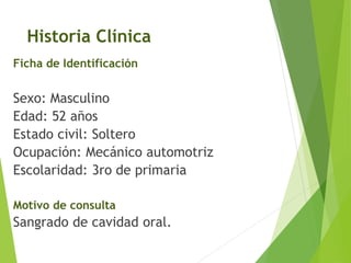 Historia Clínica
Ficha de Identificación

Sexo: Masculino
Edad: 52 años
Estado civil: Soltero
Ocupación: Mecánico automotriz
Escolaridad: 3ro de primaria
Motivo de consulta

Sangrado de cavidad oral.

 