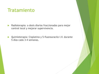 Tratamiento


Radioterapia: a dosis diarias fraccionadas para mejor
control local y mejorar supervivencia.



Quimioterapia: Cisplatino y 5-fluorouracilo I.V. durante
5 días cada 3-4 semanas.

 