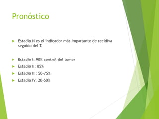 Pronóstico


Estadio N es el indicador más importante de recidiva
seguido del T.



Estadio I: 90% control del tumor



Estadio II: 85%



Estadio III: 50-75%



Estadio IV: 20-50%

 