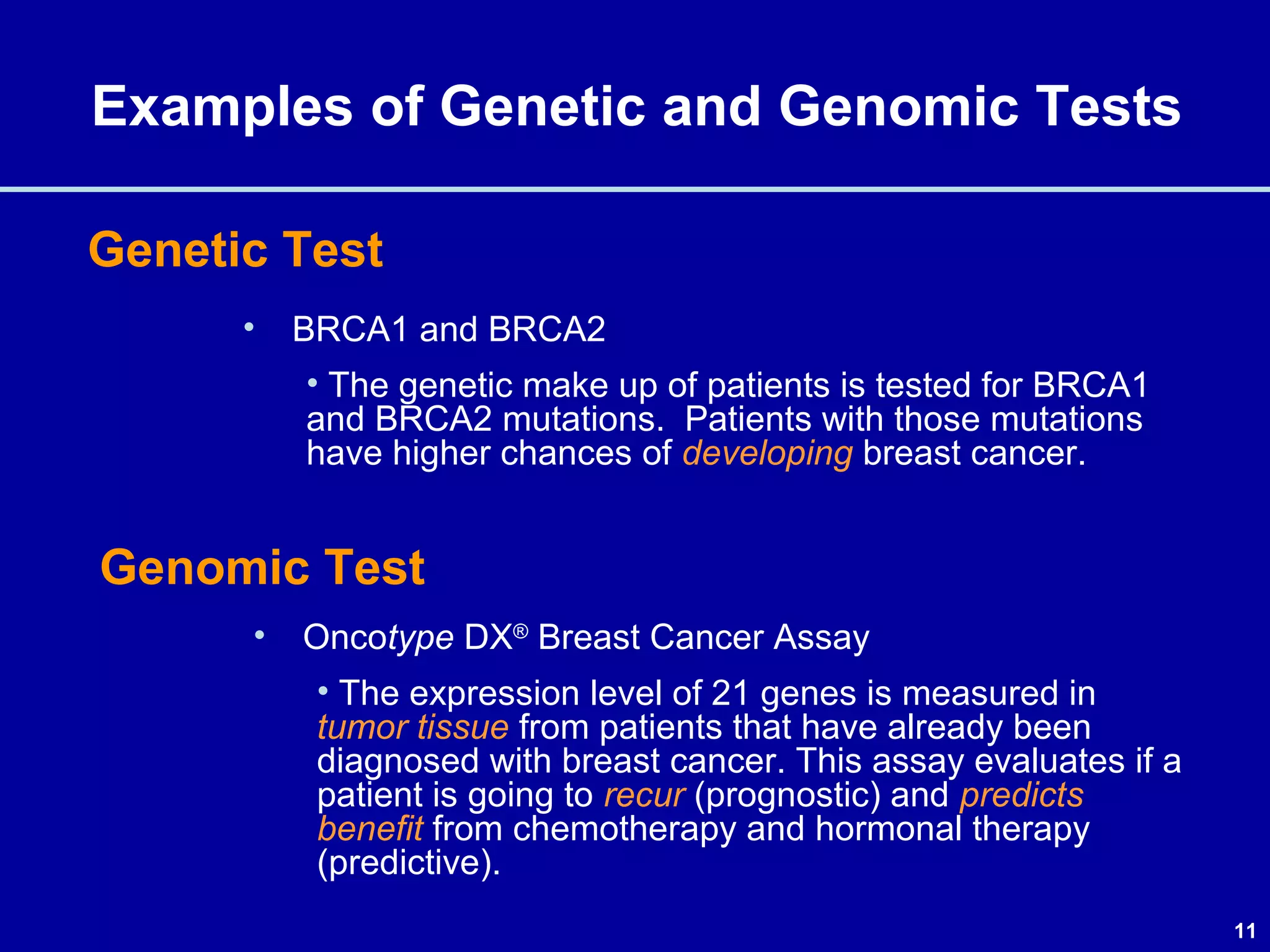 11
Examples of Genetic and Genomic Tests
Genetic Test
• BRCA1 and BRCA2
• The genetic make up of patients is tested for BRCA1
and BRCA2 mutations. Patients with those mutations
have higher chances of developing breast cancer.
Genomic Test
• Oncotype DX®
Breast Cancer Assay
• The expression level of 21 genes is measured in
tumor tissue from patients that have already been
diagnosed with breast cancer. This assay evaluates if a
patient is going to recur (prognostic) and predicts
benefit from chemotherapy and hormonal therapy
(predictive).
 