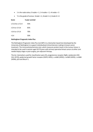 • 1 is the node status: 0 nodes = 1, 1-4 nodes = 2, >4 nodes = 3
• '3 is the grade of tumour: Grade I =1, Grade II =2, Grade III =3
Score 5-year survival
>/=2.0 to </=2.4 93%
>2.4 to </=3.4 85%
>3.4 to </=5.4 70%
>5.4 50%
Nottingham Prognostic Index Plus
The Nottingham Prognostic Index Plus test (NPI+) is a biomarker-based test developed by the
University of Nottingham to support individualised clinical decision making in breast cancer
treatment. The immunohistochemistry test, which measures protein levels in the tumour tissue, is
intended to be used in women aged 18-70 years with primary operative breast cancer at either core
needle biopsy stage or post-surgery, pre-adjuvant therapy.
The ten biomarkers used for classification were ER, progesterone receptor (PgR), cytokeratin (CK)
5/6, CK7/8, epidermal growth factor receptor (EGFR; HER1), c-erbB2 (HER2), c-erbB3 (HER3), c-erbB4
(HER4), p53 and Mucin 1.
 