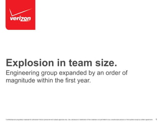 Explosion in team size. 
Engineering group expanded by an order of 
magnitude within the first year. 
Confidential and proprietary materials for authorized Verizon personnel and outside agencies only. Use, disclosure or distribution of this material is not permitted to any unauthorized persons or third parties except by written agreement. 6 
 