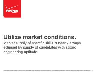 Utilize market conditions. 
Market supply of specific skills is nearly always 
eclipsed by supply of candidates with strong 
engineering aptitude. 
Confidential and proprietary materials for authorized Verizon personnel and outside agencies only. Use, disclosure or distribution of this material is not permitted to any unauthorized persons or third parties except by written agreement. 7 
 