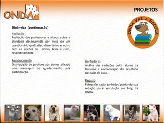 PROJETOS


Dinâmica (continuação)
Avaliação
Avaliação dos professores e alunos sobre a
atividade desenvolvida por meio de um
questionário qualitativo dissertativo e outro
com as opções de ótimo, bom e ruim,
respectivamente.

Agradecimento                                   Ganhadores
Distribuição de pirulitos aos alunos afixado    Análise das redações pelos alunos da
uma mensagem de agradecimento pela              Unisinos e comunicação do resultado
participação.                                   nas salas de aula.

                                                Registro
                                                Fotografar cada ganhador, portando sua
                                                redação para veiculação no blog da
                                                ONDA.
 