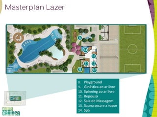 Masterplan Lazer



                   8


                         14
                              13

                         11   12
                   9          10


                   8.    Playground
                   9.    Ginástica ao ar livre
                   10.   Spinning ao ar livre
                   11.   Repouso
                   12.   Sala de Massagem
                   13.   Sauna seca e a vapor
                   14.   Spa
 