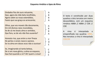 Esquema rimático e tipos de Rima


Ondados fios de ouro reluzente,               A
Que, agora da mão bela recolhidos,            B                O texto é constituído por duas
Agora sobre as rosas estendidos,              B                quadras e dois tercetos em metro
Fazeis que sua graça se acrescente;           A                decassilábico, com um esquema
                                                               rimático ABBA // ABBA // CDE //
Olhos, que vos moveis tão docemente,          A                CDE
Em mil divinos raios incendidos,              B
Se de cá me levais alma e sentidos,           B                A rima é interpolada e
Que fora, se de vós não fora ausente?         A                emparelhada nas quadras ABBA.
                                                               Nos tercetos a rima é interpolada
Honesto riso, que entre a mor fineza          C                CDECDE
De perlas e corais nasce e parece,            D
Se na alma em doces ecos não o ouvisse!       E
Se, imaginando só tanta beleza,               C
De si em nova glória, a alma se esquece,      D
Que fará quando a vir? Ah! quem a visse!      E
 