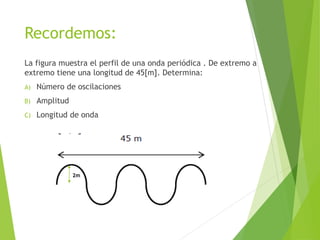 Recordemos:
La figura muestra el perfil de una onda periódica . De extremo a
extremo tiene una longitud de 45[m]. Determina:
A) Número de oscilaciones
B) Amplitud
C) Longitud de onda
2m
 