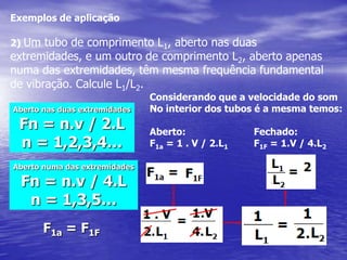  Exemplos de aplicação4) Determine o comprimento de onda de uma estação de rádio que transmite em 1000 kHz. Lembrando que a velocidade das ondas eletromagnéticasno vácuo ou no ar éaproximadamente  igual a 3 . 108 m/s, e que o prefixok vale 1000.= v/F