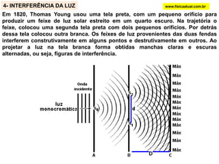 www.fisicaatual.com.brAs duas ondas irão se superpor. Abaixo temos fotografia obtida numa cuba de ondas dessa superposição:  Podemos observar a presença de linhas que divergem a partir do ponto médio entre as fontes, separando as cristas e vales que se propagam afastando-se das fontes. Estas linhas não se movem e são chamadas de linhas nodais.