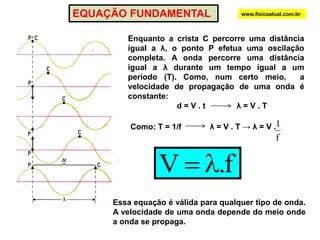 Período (T): é o tempo gasto para se efetuar uma oscilação completa. Também podemos dizer que o período é tempo gasto para percorrer uma distância igual a um comprimento de onda.  O período é representado pela letra T.  No S.I. a unidade de período é o segundo.www.fisicaatual.com.br