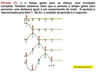 TIPOS DE ONDASwww.fisicaatual.com.brOnda transversal: as partículas do meio vibram numa direção perpendicular à direção de propagação da onda.Partículas do meio  movimentam para cima e para baixo.Fonte se movimenta para cima e para baixo.Energia transportadaOnda longitudinal: as partículas do meio vibram na mesma direção de propagação da onda.Partículas do meio  movimentam para frente e para trás.Fonte se movimenta para frente e para trás.Energia transportada