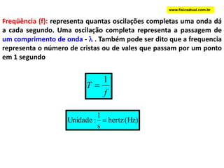ELEMENTOS DE UMA ONDACrista da ondaComprimento de onda              (λ)RarefaçãoComprimento de onda                (λ)Comprimento de onda              (λ)Vale da ondaAmplitudeA amplitude de uma onda está relacionada com a sua energia. Quando maior a amplitude de uma onda, maior a energia transportada.Comprimento de onda                (λ)Compressão www.fisicaatual.com.br