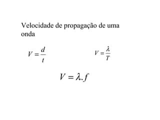 Velocidade de propagação de uma
onda

     d                    λ
  V=                   V=
     t                    T


           V = λ. f
 