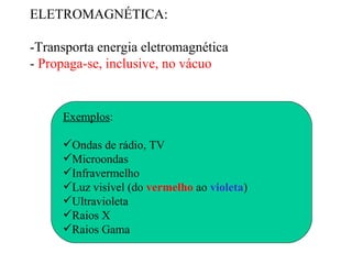 ELETROMAGNÉTICA:

-Transporta energia eletromagnética
- Propaga-se, inclusive, no vácuo


     Exemplos:

     Ondas de rádio, TV
     Microondas
     Infravermelho
     Luz visível (do vermelho ao violeta)
     Ultravioleta
     Raios X
     Raios Gama
 