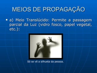 MEIOS DE PROPAGAÇÃO a) Meio Translúcido: Permite a passagem parcial da Luz (vidro fosco, papel vegetal, etc.): Só se vê a silhueta da pessoa.  