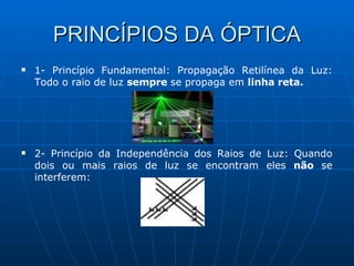 PRINCÍPIOS DA ÓPTICA 1- Princípio Fundamental: Propagação Retilínea da Luz: Todo o raio de luz  sempre  se propaga em  linha reta. 2- Princípio da Independência dos Raios de Luz: Quando dois ou mais raios de luz se encontram eles  não  se interferem:  