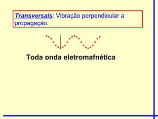 Transversais: Vibração perpendicular a
propagação.




   Toda onda eletromafnética
 