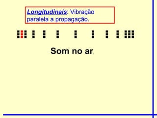 Longitudinais: Vibração
paralela a propagação.




        Som no ar.
 
