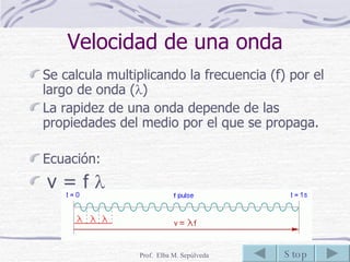 Velocidad de una onda Se calcula multiplicando la frecuencia (f) por el largo de onda (  ) La rapidez de una onda depende de las propiedades del medio por el que se propaga. Ecuación: v =  f    