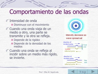Comportamiento de las ondas Intensidad de onda Disminuye con el movimiento Cuando una onda viaja de un medio a otro, una parte se transmite y la otra se refleja. Depende de la rigidez Depende de la densidad de los medios Cuando una onda se refleja al incidir sobre un medio más rígido, se invierte. 