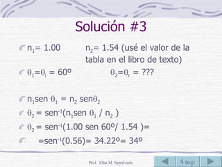 Solución #3 n 1 = 1.00 n 2 = 1.54 (usé el valor de la  tabla en el libro de texto)  1 =  i  = 60º    2 =  r  = ??? n 1 sen   1  = n 2  sen  2  2  = sen -1 (n 1 sen   1  / n 2  )  2  = sen -1 (1.00 sen 60º/ 1.54 )=  =sen -1 (0.56)= 34.22º= 34º  