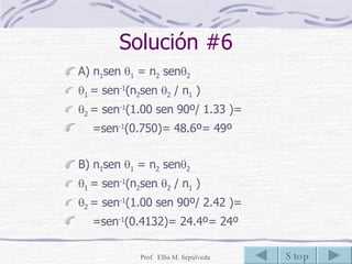 Solución #6 A)  n 1 sen   1  = n 2  sen  2  1   = sen -1 (n 2 sen   2  / n 1  )  2  = sen -1 (1.00 sen  90 º/ 1. 33  )=  =sen -1 (0. 750 )= 4 8 . 6 º=  49 º  B)  n 1 sen   1  = n 2  sen  2  1   = sen -1 (n 2 sen   2  / n 1  )  2  = sen -1 (1.00 sen  90 º/  2.42  )=  =sen -1 (0. 4132 )=  2 4. 4 º=  24 º  