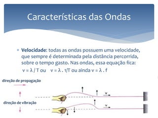  Velocidade: todas as ondas possuem uma velocidade,
que sempre é determinada pela distância percorrida,
sobre o tempo gasto. Nas ondas, essa equação fica:
v = λ / T ou v = λ . 1/T ou ainda v = λ . f
Características das Ondas
direção de propagação
direção de vibração
 