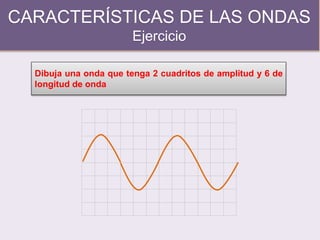 CARACTERÍSTICAS DE LAS ONDAS
Ejercicio
Dibuja una onda que tenga 2 cuadritos de amplitud y 6 de
longitud de onda
 
