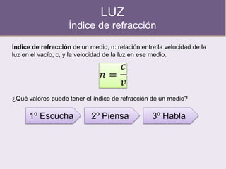 LUZ
Índice de refracción
Índice de refracción de un medio, n: relación entre la velocidad de la
luz en el vacío, c, y la velocidad de la luz en ese medio.
¿Qué valores puede tener el índice de refracción de un medio?
1º Escucha 2º Piensa 3º Habla
 