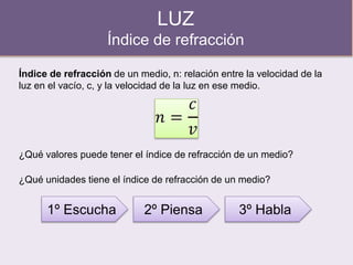 LUZ
Índice de refracción
Índice de refracción de un medio, n: relación entre la velocidad de la
luz en el vacío, c, y la velocidad de la luz en ese medio.
¿Qué valores puede tener el índice de refracción de un medio?
1º Escucha 2º Piensa 3º Habla
¿Qué unidades tiene el índice de refracción de un medio?
 