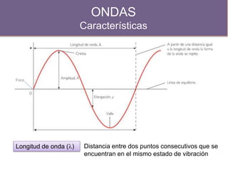 ONDAS
Características
Foco
Longitud de onda () Distancia entre dos puntos consecutivos que se
encuentran en el mismo estado de vibración
 