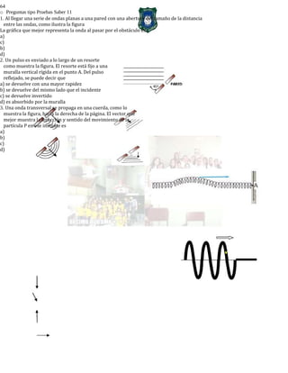 64
o Preguntas tipo Pruebas Saber 11
1. Al llegar una serie de ondas planas a una pared con una abertura del tamaño de la distancia
entre las ondas, como ilustra la figura
La gráfica que mejor representa la onda al pasar por el obstáculo es
a)
c)
b)
d)
2. Un pulso es enviado a lo largo de un resorte
como muestra la figura. El resorte está fijo a una
muralla vertical rígida en el punto A. Del pulso
reflejado, se puede decir que
a) se devuelve con una mayor rapidez
b) se devuelve del mismo lado que el incidente
c) se devuelve invertido
d) es absorbido por la muralla
3. Una onda transversal se propaga en una cuerda, como lo
muestra la figura, hacia la derecha de la página. El vector que
mejor muestra la dirección y sentido del movimiento de la
partícula P en ese instante es
a)
b)
c)
d)
 