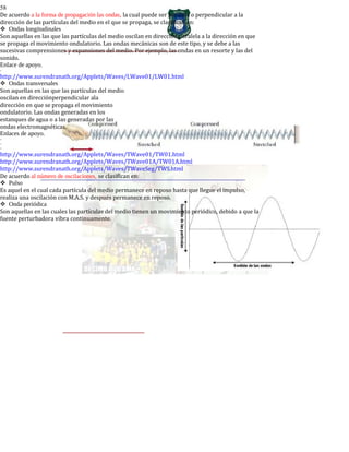 58
De acuerdo a la forma de propagación las ondas, la cual puede ser paralela o perpendicular a la
dirección de las partículas del medio en el que se propaga, se clasifican en:
Ondas longitudinales
Son aquellas en las que las partículas del medio oscilan en dirección paralela a la dirección en que
se propaga el movimiento ondulatorio. Las ondas mecánicas son de este tipo, y se debe a las
sucesivas comprensiones y expansiones del medio. Por ejemplo, las ondas en un resorte y las del
sonido.
Enlace de apoyo.
-
http://www.surendranath.org/Applets/Waves/LWave01/LW01.html
Ondas transversales
Son aquellas en las que las partículas del medio
oscilan en direcciónperpendicular ala
dirección en que se propaga el movimiento
ondulatorio. Las ondas generadas en los
estanques de agua o a las generadas por las
ondas electromagnéticas.
Enlaces de apoyo.
-
-
-
http://www.surendranath.org/Applets/Waves/TWave01/TW01.html
http://www.surendranath.org/Applets/Waves/TWave01A/TW01A.html
http://www.surendranath.org/Applets/Waves/TWaveSeg/TWS.html
De acuerdo al número de oscilaciones, se clasifican en:
Pulso
Es aquel en el cual cada partícula del medio permanece en reposo hasta que llegue el impulso,
realiza una oscilación con M.A.S. y después permanece en reposo.
Onda periódica
Son aquellas en las cuales las partículas del medio tienen un movimiento periódico, debido a que la
fuente perturbadora vibra continuamente.
 
