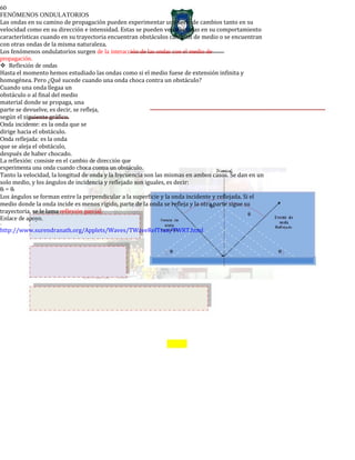 60
FENÓMENOS ONDULATORIOS
Las ondas en su camino de propagación pueden experimentar una serie de cambios tanto en su
velocidad como en su dirección e intensidad. Estas se pueden ver afectadas en su comportamiento
características cuando en su trayectoria encuentran obstáculos cambian de medio o se encuentran
con otras ondas de la misma naturaleza.
Los fenómenos ondulatorios surgen de la interacción de las ondas con el medio de
propagación.
Reflexión de ondas
Hasta el momento hemos estudiado las ondas como si el medio fuese de extensión infinita y
homogénea. Pero ¿Qué sucede cuando una onda choca contra un obstáculo?
Cuando una onda llegaa un
obstáculo o al final del medio
material donde se propaga, una
parte se devuelve, es decir, se refleja,
según el siguiente gráfico.
Onda incidente: es la onda que se
dirige hacia el obstáculo.
Onda reflejada: es la onda
que se aleja el obstáculo,
después de haber chocado.
La reflexión: consiste en el cambio de dirección que
experimenta una onda cuando choca contra un obstáculo.
Tanto la velocidad, la longitud de onda y la frecuencia son las mismas en ambos casos. Se dan en un
solo medio, y los ángulos de incidencia y reflejado son iguales, es decir:
θi = θr
Los ángulos se forman entre la perpendicular a la superficie y la onda incidente y reflejada. Si el
medio donde la onda incide es menos rígido, parte de la onda se refleja y la otra parte sigue su
trayectoria, se le lama reflexión parcial.
Enlace de apoyo.
-
http://www.surendranath.org/Applets/Waves/TWaveRefTran/TWRT.html
 