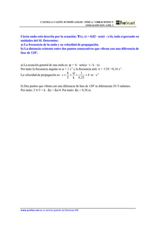 CASTILLA Y LEÓN/ JUNIO99. LOGSE / FÍSICA / VIBRACIONES Y
ONDAS/OPCION A/PR. 2
www.profes.net es un servicio gratuito de Ediciones SM
Cierta onda está descrita por la ecuación: Ψ(x, t) = 0,02 · sen(t - x/4), todo expresado en
unidades del SI. Determine:
a) La frecuencia de la onda y su velocidad de propagación.
b) La distancia existente entre dos puntos consecutivos que vibran con una diferencia de
fase de 120º.
a) La ecuación general de una onda es: ψ = A · sen(ω · t - k · x).
Por tanto la frecuencia angular es ω = 1 s-1
y la frecuencia será: ν = 1/2π =0,16 s-1
.
La velocidad de propagación es: 1-
s·m4
25,0
1
kT
v ==
ω
=
λ
=
b) Dos puntos que vibran con una diferencia de fase de 120º se diferencian 2π/3 radianes.
Por tanto: 2 π/3 = k · ∆x = ∆x/4. Por tanto: ∆x = 8,38 m
 