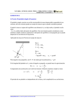 NAVARRA / JUNIO 03. LOGSE / FÍSICA / VIBRACIONES Y ONDAS
EJERCICIO 2 / CUESTIÓN 4
www.profes.net es un servicio gratuito de Ediciones SM
EJERCICIO 2
4) Teoría: El péndulo simple (2,5 puntos)
El péndulo simple consiste en un hilo inextensible de masa despreciable suspendido de un
extremo, del otro extremo pende un cuerpo de masa m que se puede considerar puntual.
Cuando la masa se separa del equilibrio una distancia A y se deja suelta, el péndulo oscila
entre
–A y A a ambos lados del punto de equilibrio. Este movimiento puede considerarse como
armónico simple cuando la separación A del punto de equilibrio es tan pequeña que se puede
despreciar la curvatura de la trayectoria.
Aplicando las leyes de Newton al cuerpo de masa m:
L θ
T
Px
Py P
Eje y:
ny
ny
maPT
amPT
=−
=+
rrr
Eje x:
θsenga;maθsenmg
amP
xx
xx
−==−
=
rr
Para ángulos muy pequeños, sen θ = θ de modo que la aceleración ax = -g θ
Si la longitud del péndulo es L, como el ángulo es pequeño, se puede hacer la aproximación:
x
L
g
axLθ x −=⇒=
Comparando esta aceleración con la del movimiento vibratorio armónico simple se tiene:
g
L
π2T
L
g
T
π4
;
L
g
ωxωa 2
2
22
=
==⇒−=
El periodo de un péndulo es independiente de la masa y de la amplitud de sus oscilaciones.
 