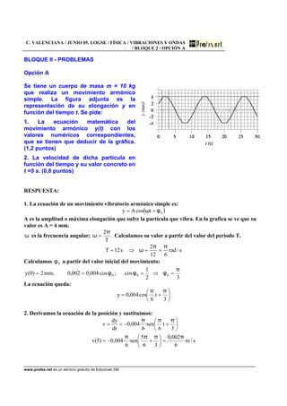 C. VALENCIANA / JUNIO 05. LOGSE / FÍSICA / VIBRACIONES Y ONDAS
/ BLOQUE 2 / OPCIÓN A
www.profes.net es un servicio gratuito de Ediciones SM
BLOQUE II - PROBLEMAS
Opción A
Se tiene un cuerpo de masa m = 10 kg
que realiza un movimiento armónico
simple. La figura adjunta es la
representación de su elongación y en
función del tiempo t. Se pide:
1. La ecuación matemática del
movimiento armónico y(t) con los
valores numéricos correspondientes,
que se tienen que deducir de la gráfica.
(1,2 puntos)
2. La velocidad de dicha partícula en
función del tiempo y su valor concreto en
t =5 s. (0,8 puntos)
RESPUESTA:
1. La ecuación de un movimiento vibratorio armónico simple es:
( )0tcosAy φω +=
A es la amplitud o máxima elongación que sufre la partícula que vibra. En la grafica se ve que su
valor es A = 4 mm.
ω es la frecuencia angular; .
T
2π
ω = Calculamos su valor a partir del valor del periodo T.
s/rad
612
2
s12T
ππ
ω ==⇒=
Calculamos 0φ a partir del valor inicial del movimiento:
32
1
cos;·cos004,0002,0;mm2)0(y 000
π
φφφ =⇒===
La ecuación queda:
⎟
⎠
⎞
⎜
⎝
⎛
+=
3
t
6
cos004,0y
ππ
2. Derivamos la ecuación de la posición y sustituimos:
s/m
6
002,0
36
5
sen·
6
·004,0)5(v
3
t
6
sen·
6
·004,0
dt
dy
v
ππππ
πππ
=⎟
⎠
⎞
⎜
⎝
⎛
+−=
⎟
⎠
⎞
⎜
⎝
⎛
+−==
 