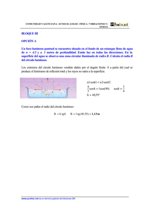 COMUNIDAD VALENCIANA / JUNIO 02. LOGSE / FÍSICA / VIBRACIONES Y
ONDAS
www.profes.net es un servicio gratuito de Ediciones SM
BLOQUE III
OPCIÓN A
Un foco luminoso puntual se encuentra situado en el fondo de un estanque lleno de agua
de n = 4/3 y a 1 metro de profundidad. Emite luz en todas las direcciones. En la
superficie del agua se observa una zona circular iluminada de radio R. Calcula el radio R
del círculo luminoso.
Los extremos del círculo luminoso vendrán dados por el ángulo límite λ a partir del cual se
produce el fenómeno de reflexión total y los rayos no salen a la superficie.
º59,48
4
3
sen)90(sen·1sen·
3
4
2sen·2n1sen·1n
=λ
=λ⇒=λ
ε=ε
Como nos piden el radio del círculo luminoso:
m1,13==⇒λ= )59,48(tg·1Rtg·hR
 