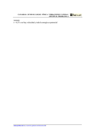 CANARIAS / JUNIO 03. LOGSE / FÍSICA / VIBRACIONES Y ONDAS /
OPCIÓN B / PROBLEMA 1
www.profes.net es un servicio gratuito de Ediciones SM
instante
t = 0,75 s no hay velocidad y toda la energía es potencial
 